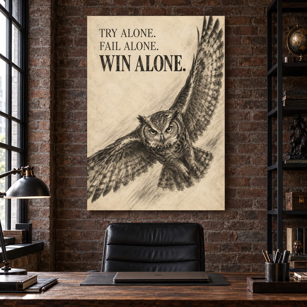 Win Alone charcoal-style owl canvas wall art, 36x48 inches, Gallery Wrap, office.
