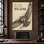 Win Alone charcoal-style owl canvas wall art, 36x48 inches, Gallery Wrap, office.