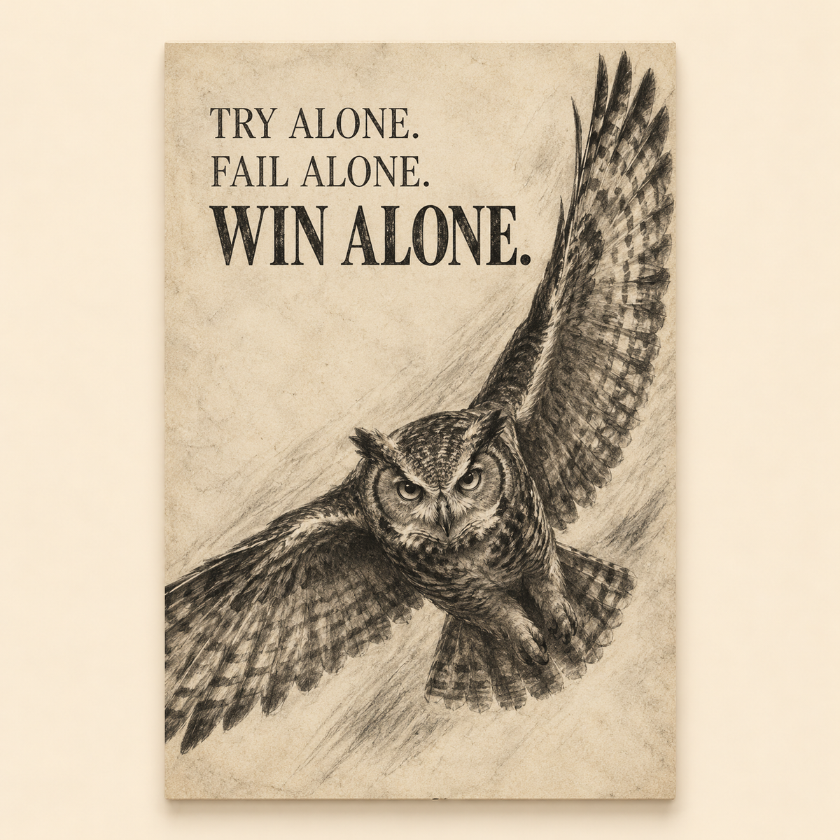 Win Alone owl canvas wall art in Gallery Wrap finish on a warm beige background.