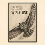 Win Alone charcoal-style owl canvas wall art, shared finish view, Black Box Frame, beige background.