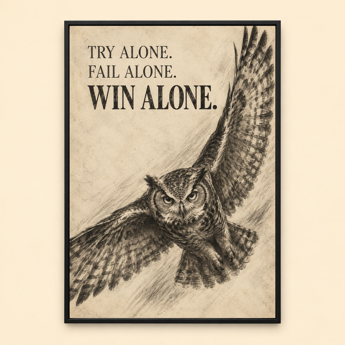 Win Alone charcoal-style owl canvas wall art, shared finish view, Black Box Frame, beige background.